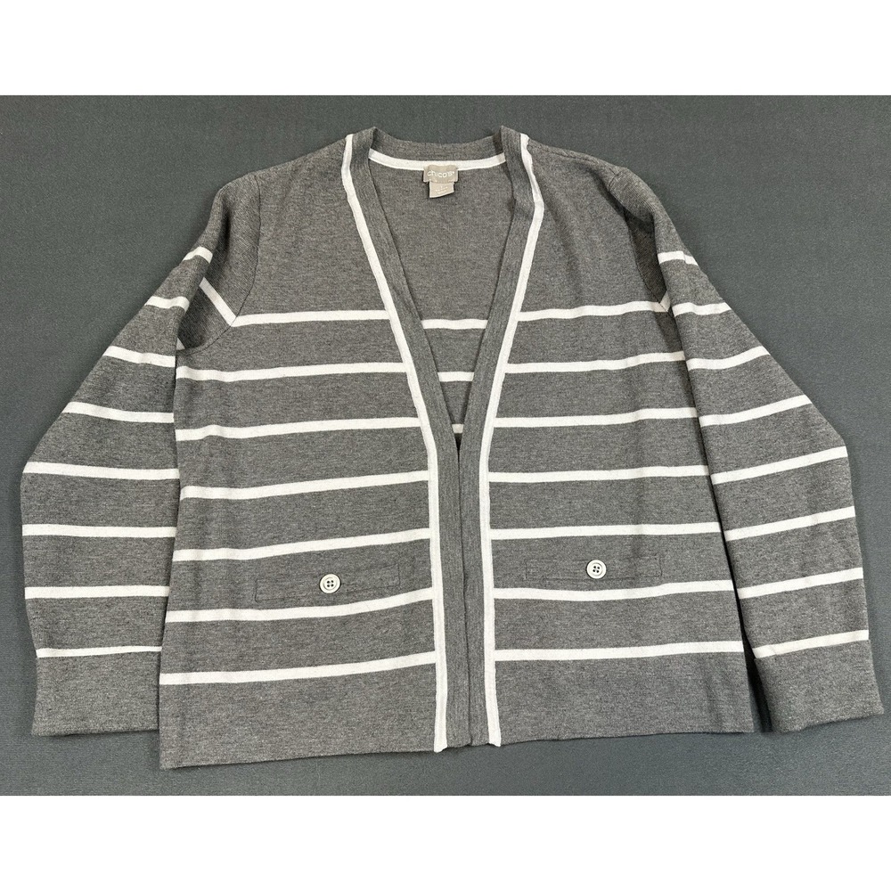 Chico's Sweater Womens Size 1 Grey Striped Cardigan V-Neck Pockets